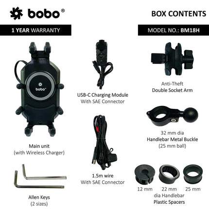 BOBO BM18 PRO Anti-Theft Motorcycle Phone Mount with 15W Wireless & USB-C Charging, image 9