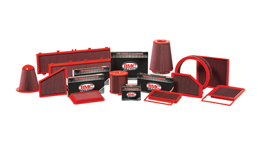 Collection of BMC automotive air filters and related products on a white background