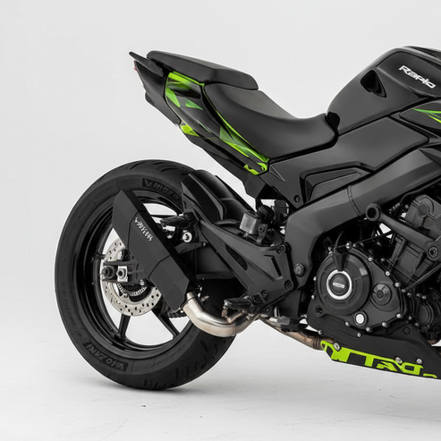 Barrel Rogue 2.0 exhaust installed on Bajaj Dominar 400 with polished stainless steel finish