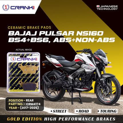 Ceramic Brake Pads For Bajaj Pulsar NS-160 BS4+BS6, ABS+NON-ABS (2017-2025) - Rear - CRM4174 - 1 Set - CRANK1