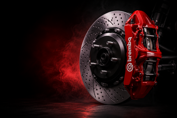 Brembo brake system with red caliper on a dark background