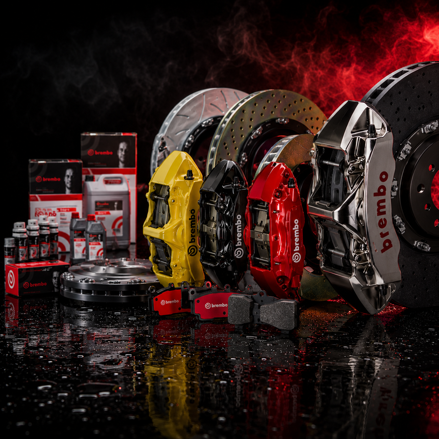 Collection of brake components with Brembo branding on a dark background