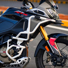 Moto Torque TVS Apache RTX 300 Stallion Pro Crash Guard White with sliders installed
