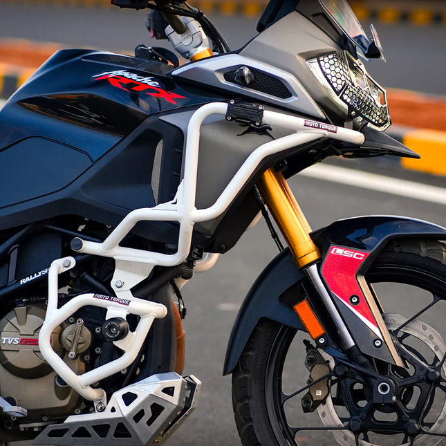 Moto Torque TVS Apache RTX 300 Stallion Pro Crash Guard White with sliders installed