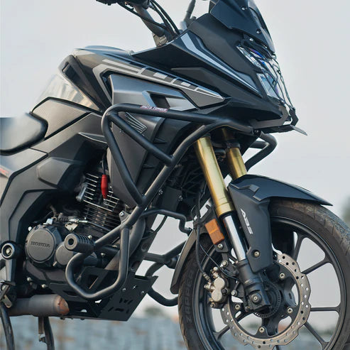 Moto Torque crash guard for Honda CB200X black with nylon sliders installed