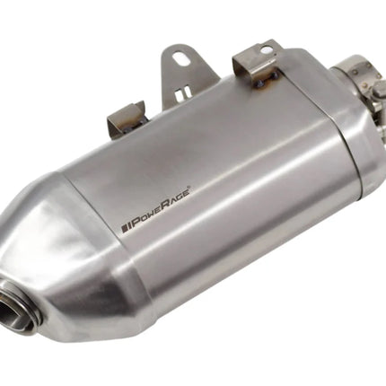 Powerage slip-on exhaust for Royal Enfield Guerrilla 450 – stainless steel close-up view