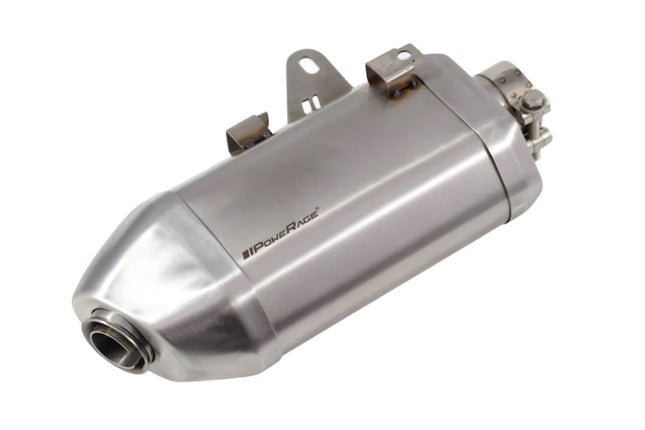 Powerage slip-on exhaust for Royal Enfield Guerrilla 450 – stainless steel close-up view