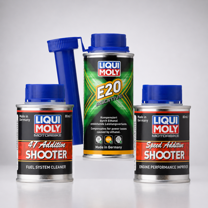 Liqui Moly E20 Protection Kit for motorcycles: E20 Additive 150ml, Motorbike 4T Additive Shooter 80ml and Motorbike Speed Additive Shooter 80ml