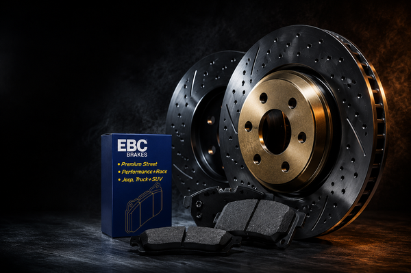 EBC Brake disc, brake pad Brakes packaging on a dark background