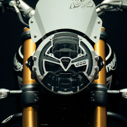 Legundary Cosmic headlight grill installed on Triumph Speed 400