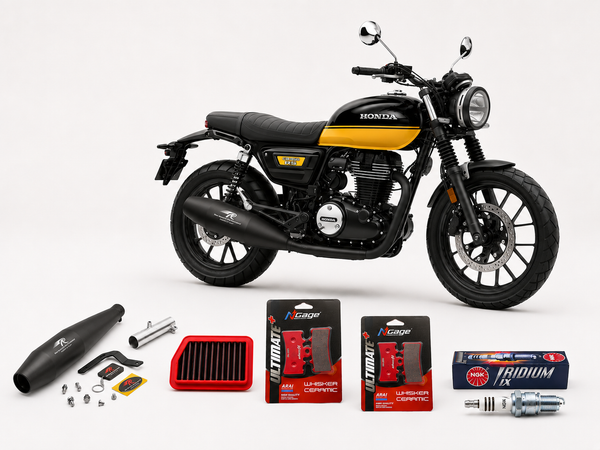 Rawtorque CB350 Stage 1 Package shown with a Honda CB350RS: Red Rooster Pegasus RS exhaust in black, BMC air filter, NGK iridium spark plug and NGage ceramic brake pads