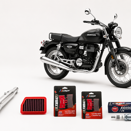 Rawtorque CB350 Stage 1 Package shown with a Honda H'ness CB350: Red Rooster Pegasus exhaust, BMC air filter, NGK iridium spark plug and NGage ceramic brake pads
