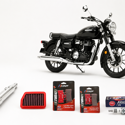 Rawtorque CB350 Stage 1 Package shown with a Honda CB350C: Red Rooster Pegasus Max exhaust, BMC air filter, NGK iridium spark plug and NGage ceramic brake pads