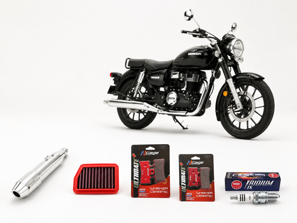 Rawtorque CB350 Stage 1 Package shown with a Honda CB350C: Red Rooster Pegasus Max exhaust, BMC air filter, NGK iridium spark plug and NGage ceramic brake pads