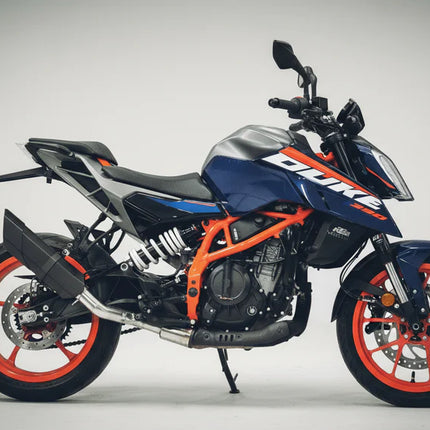 Stainless steel performance exhaust installed on KTM motorcycle