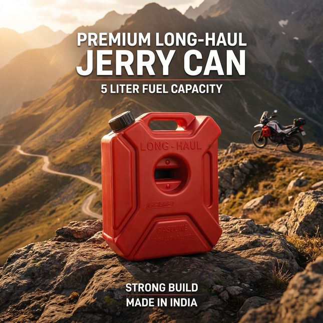 66BHP Long-Haul jerry can carried on an adventure motorcycle in the mountains