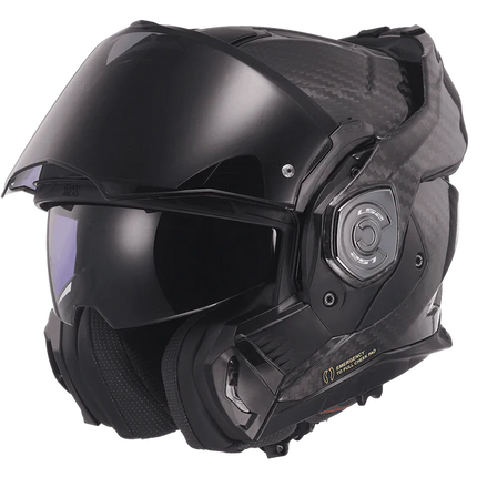 Black motorcycle helmet with visor on a white background