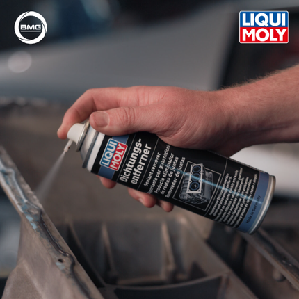 Person holding a LIQUI MOLY spray can near a car part with visible brand logos.