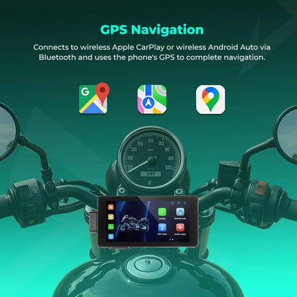 Motorcycle dashboard with RawTorque GPS navigation system, wireless CarPlay, Android Auto integration.