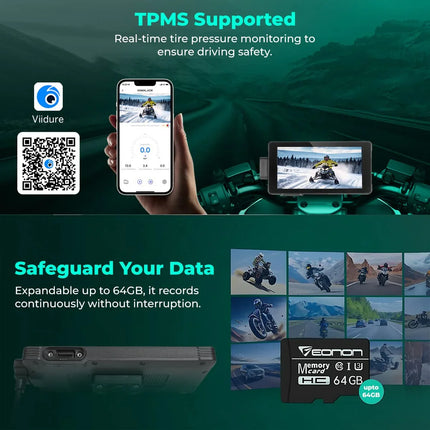 TPMS supported motorcycle display system with real-time tire monitoring, 64GB expandable memory, and safety-focused features for riders by RawTorque.