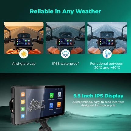 Motorcycle handlebar display with anti-glare cap, IP68 waterproof, and 5.5 inch IPS screen by RawTorque.