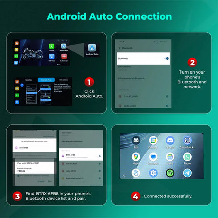 Android Auto connection guide showing steps to pair Bluetooth on a RawTorque car system screen.