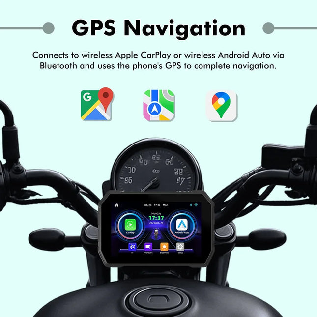 Motorcycle dashboard featuring a RawTorque GPS navigation screen with CarPlay and Android Auto integration.