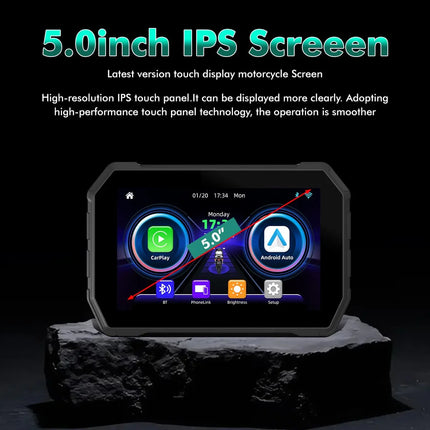 RawTorque 5-inch IPS touchscreen motorcycle display with CarPlay and Android Auto features