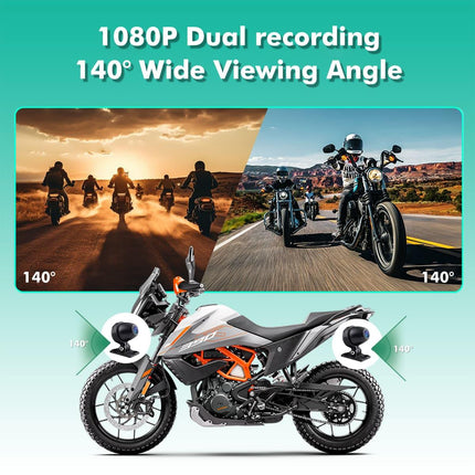 Motorcycle with dual 1080P cameras, 140° wide angle, and riders on scenic roads, RawTorque
