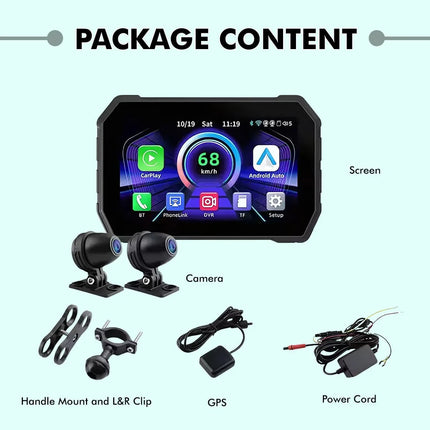 Rawtorque premium motorcycle dash kit with touchscreen, dual cameras, GPS, mount, and power cord.