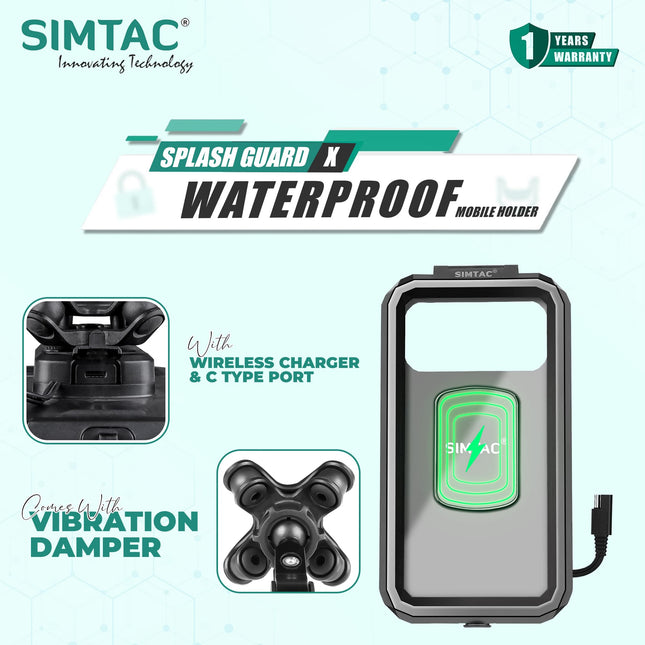 Simtac Splash Guard X Waterproof Mobile Holder with Wireless Charger and Vibration Damper (MHW-PWC-PRO)