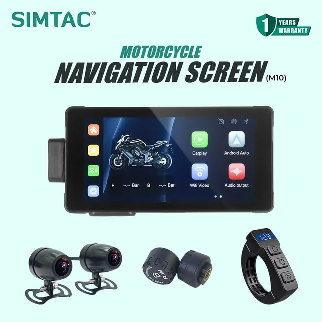Simtac NVSM10DT motorcycle navigation system with 5-inch screen and dual camera DVR