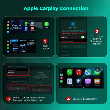 Apple CarPlay connection step-by-step guide for Rawtorque automotive and motorcycle systems.