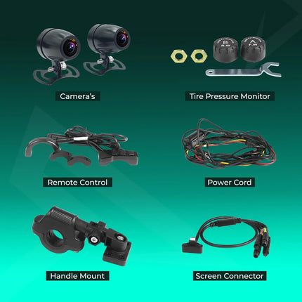 RawTorque motorcycle dash cam kit with cameras, tire pressure monitor, remote control, power cord, handle mount, and screen connector on green background.