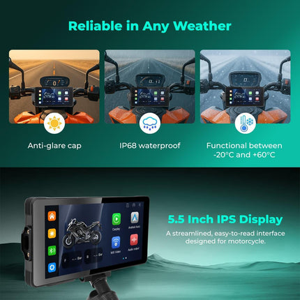 Rawtorque motorcycle digital display with 5.5 inch IPS screen, IP68 waterproof, all-weather use.
