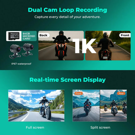 Rawtorque motorcycle dual dash cam system with 1K loop recording, waterproof cameras, and real-time screen display options shown riding on scenic roads.