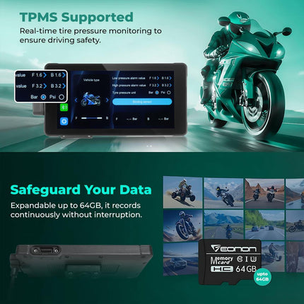 Motorcycle performance display with TPMS, memory card, and riding images, RawTorque parts and upgrades