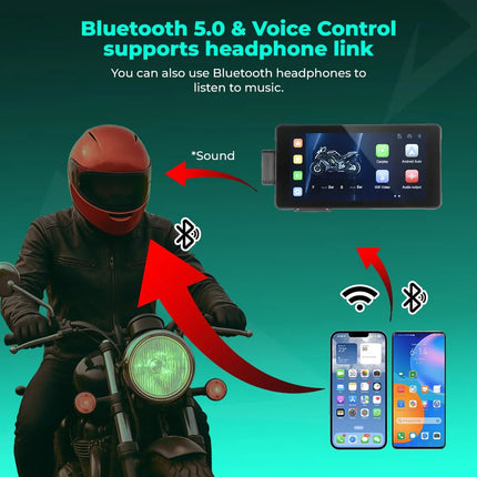 Motorcycle rider using Rawtorque Bluetooth 5.0 voice control system with smartphone connectivity