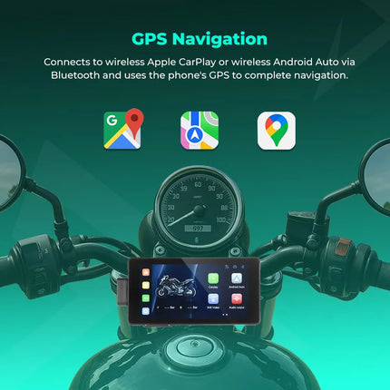 Motorcycle with RawTorque GPS navigation display, showing CarPlay and Android Auto integration.
