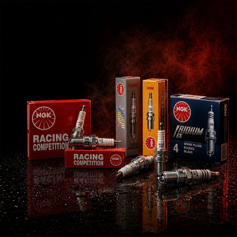 NGK spark plugs and packaging on a dark background with smoke effect