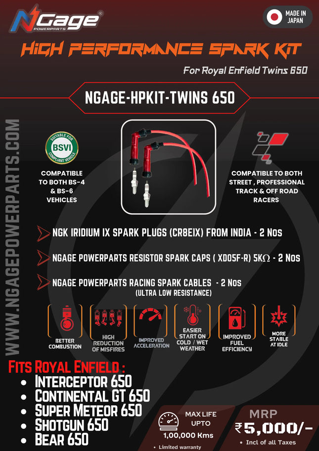 NGage High Performance Spark Plug Kit for Royal Enfield 650 Twins (Interceptor / GT / Super Meteor / Shotgun / Bear 650)