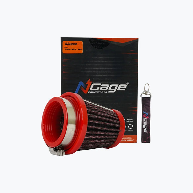 NGage Hyper Flow universal pod air filter with 49mm inlet and red cotton gauze media, for 150-250cc motorcycles