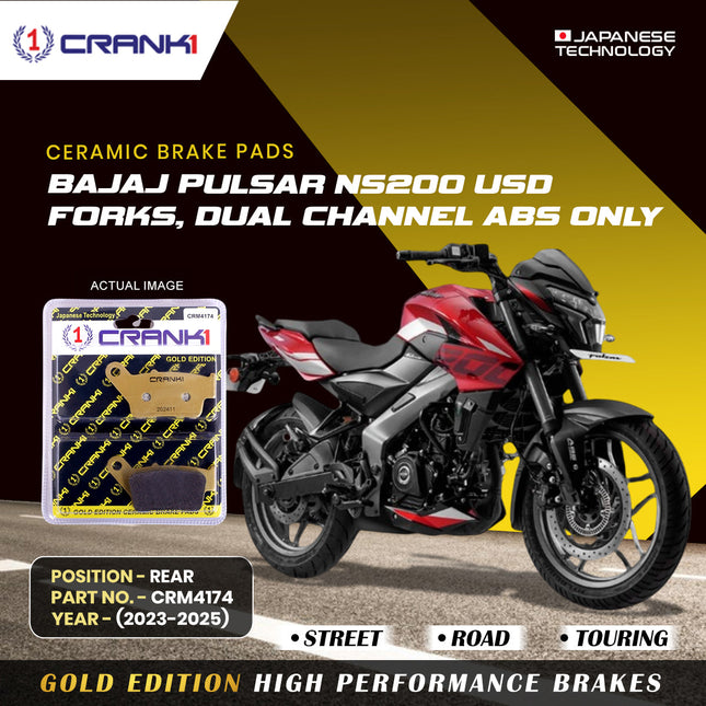 Ceramic Brake Pads For Bajaj Pulsar NS-200 USD Forks, Dual Channel ABS Only (2023-2025) - Rear - CRM4174 - 1 Set - CRANK1