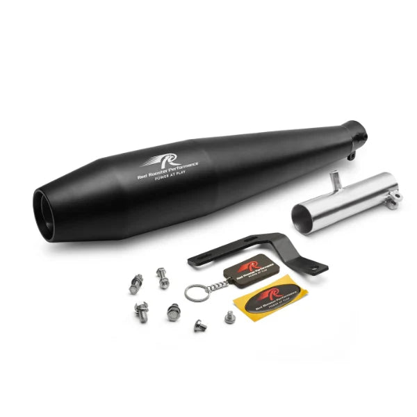 Red Rooster Pegasus RS slip-on exhaust in black finish for the Honda CB350RS, included in the Rawtorque Stage 1 Package