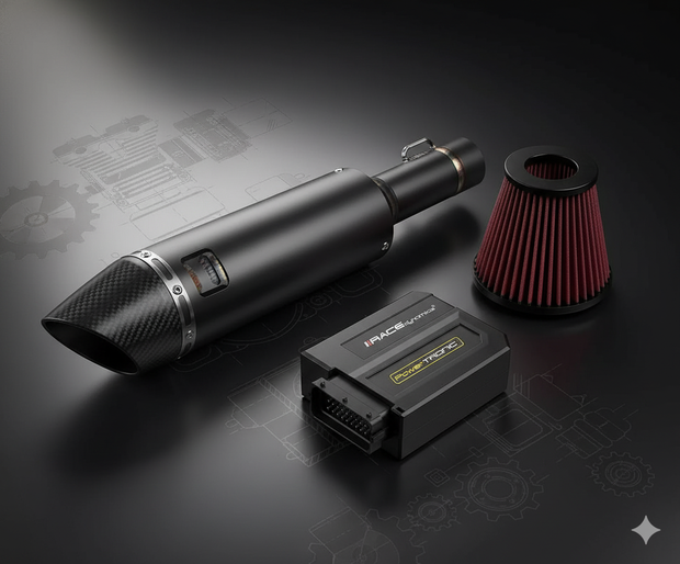 Performance exhaust system with a red performance air filter and black piggyback ecu on a dark background