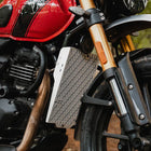 Legundary Triumph Scrambler 400 X Vector Radiator Grill Silver aluminium front guard installed