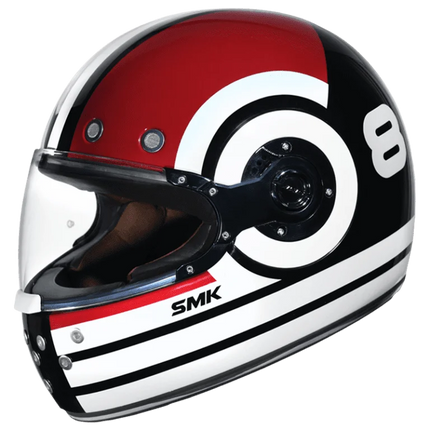 SMK Retro Ranko GL213 full face motorcycle helmet in red black and white retro racing graphics