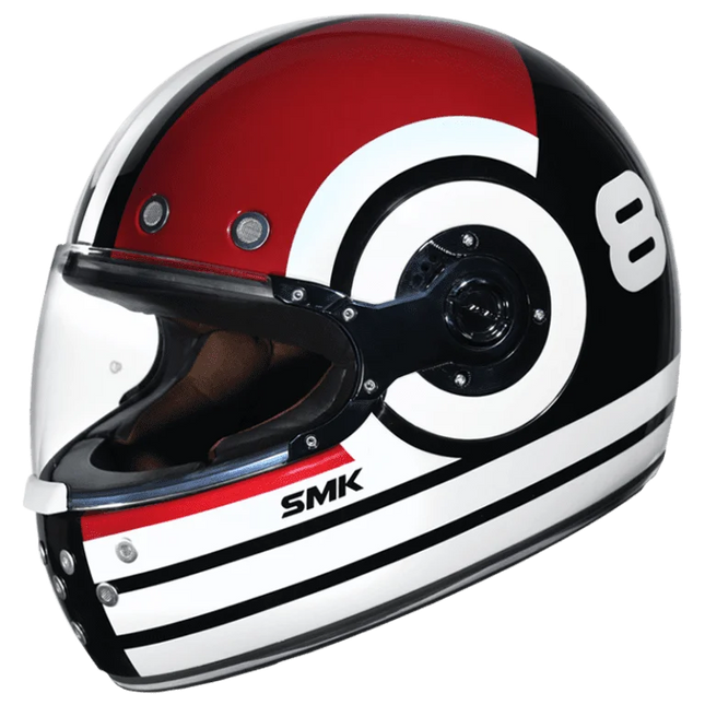 SMK Retro Ranko GL213 full face motorcycle helmet in red black and white retro racing graphics