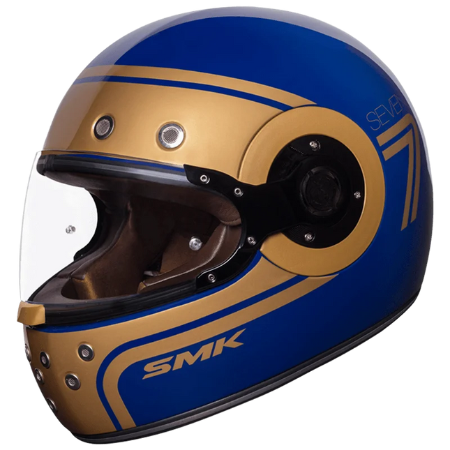 SMK Retro Seven MA540 Blue Gold full face motorcycle helmet with retro racing graphics