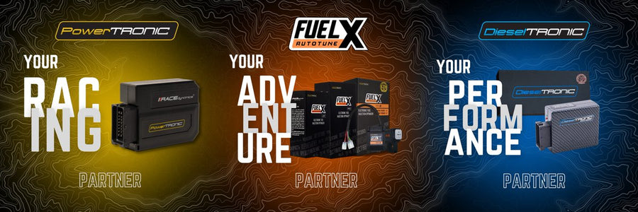 Promotional banner featuring Powertronic, FuelX, and DeepTronic products with text highlighting 'Your Racing Partner', 'Your Adventure Partner', and 'Your Performance Partner'.